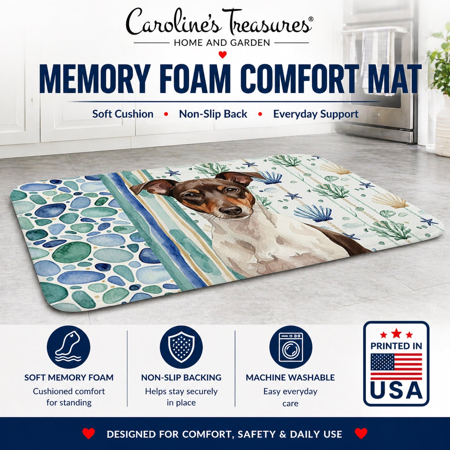 Chocolate and White Rat Terrier Coastal Sea Glass Memory Foam Kitchen Mat Machine Washable Anti-Fatigue Cushion Comfort Bath or Kitchen Rug