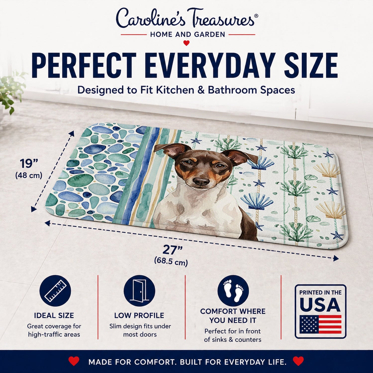 Chocolate and White Rat Terrier Coastal Sea Glass Memory Foam Kitchen Mat Machine Washable Anti-Fatigue Cushion Comfort Bath or Kitchen Rug