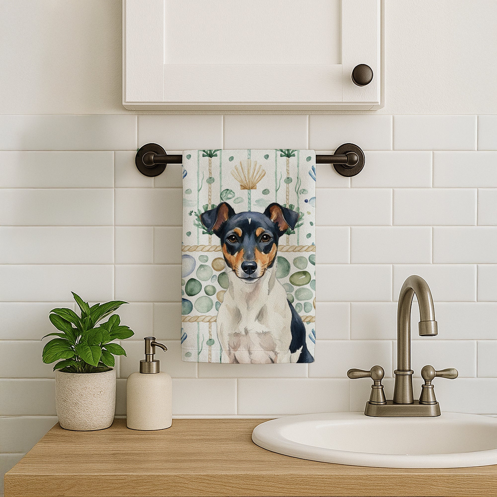 Tricolor Rat Terrier Coastal Sea Glass Kitchen Towel Velour Plush Front and Cotton Loop Back Machine Washable