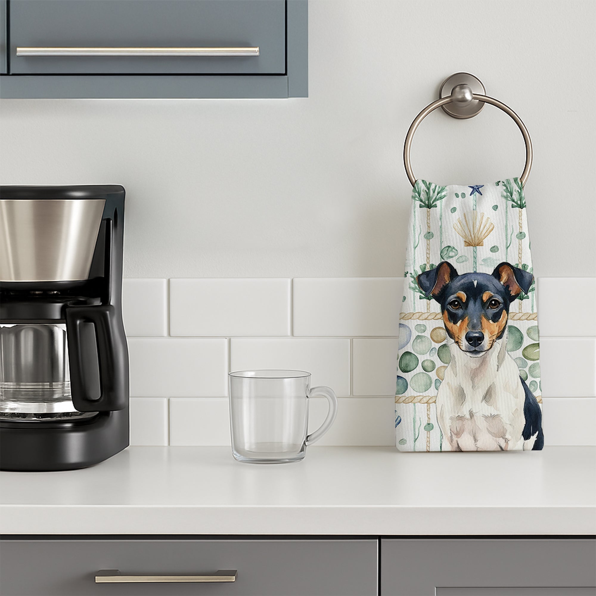 Tricolor Rat Terrier Coastal Sea Glass Kitchen Towel Velour Plush Front and Cotton Loop Back Machine Washable