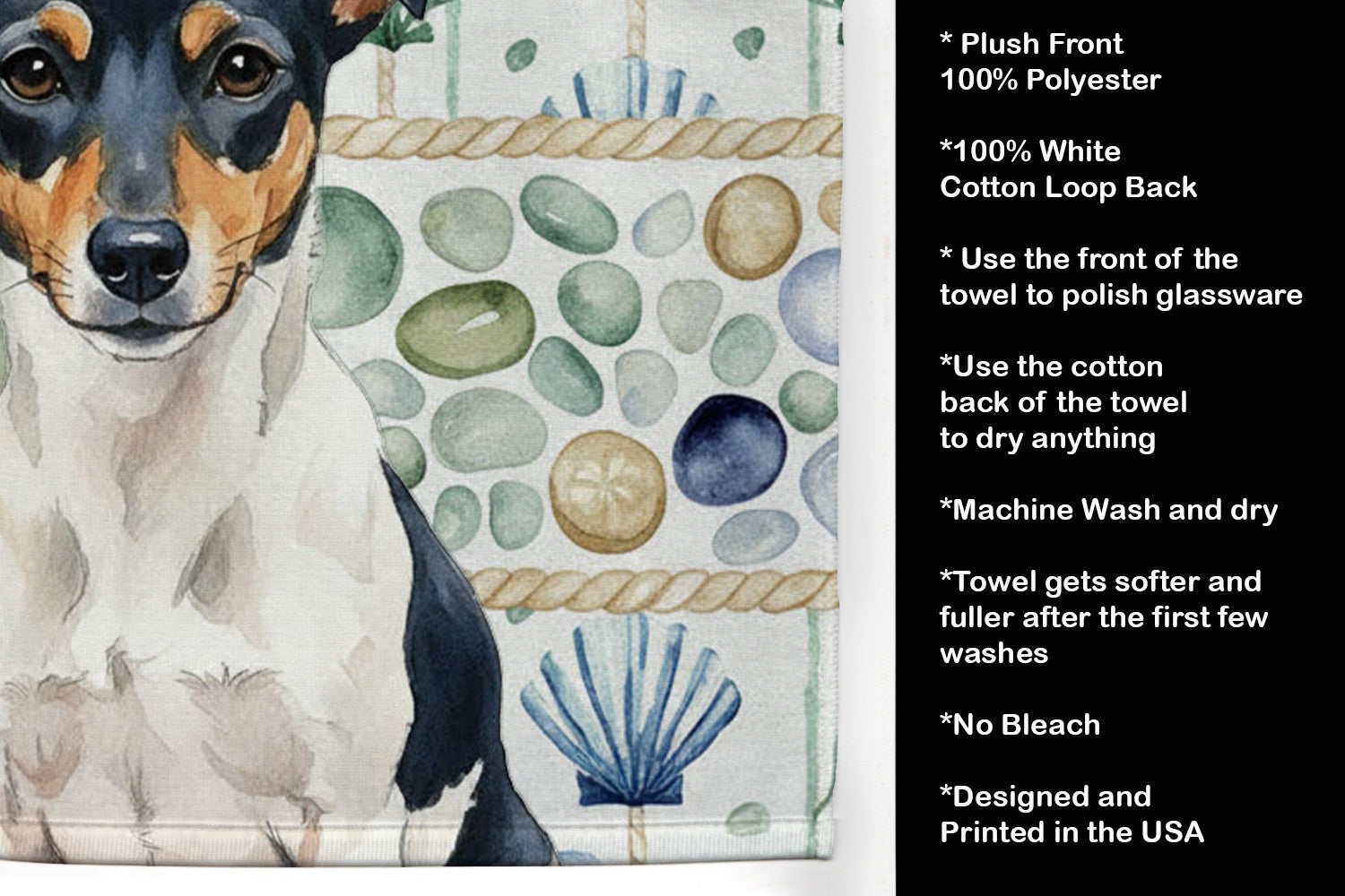 Tricolor Rat Terrier Coastal Sea Glass Kitchen Towel Velour Plush Front and Cotton Loop Back Machine Washable