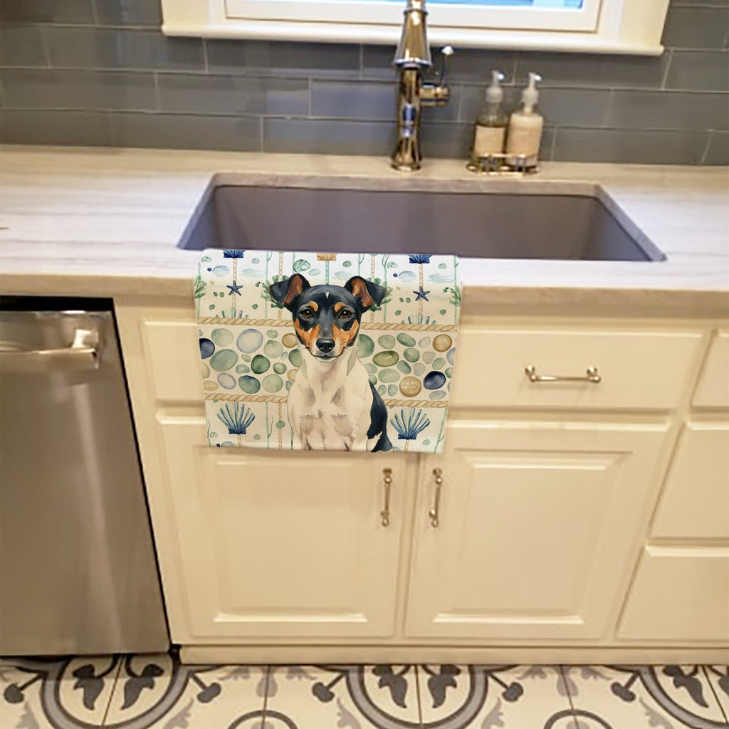Tricolor Rat Terrier Coastal Sea Glass Kitchen Towel Velour Plush Front and Cotton Loop Back Machine Washable