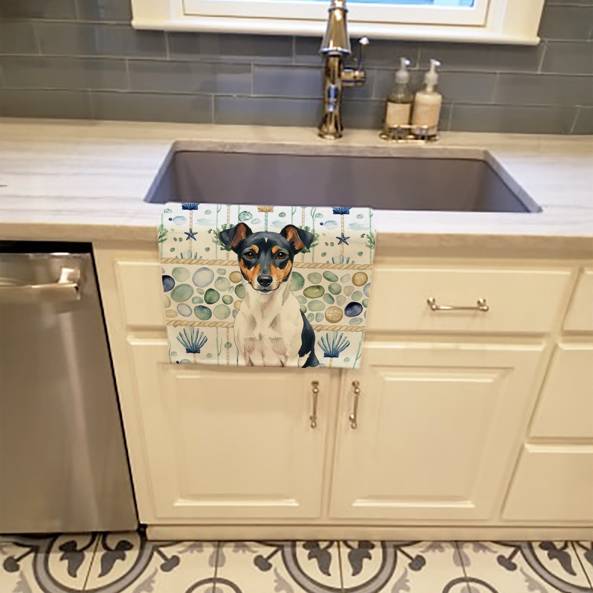 Tricolor Rat Terrier Coastal Sea Glass Kitchen Towel Velour Plush Front and Cotton Loop Back Machine Washable