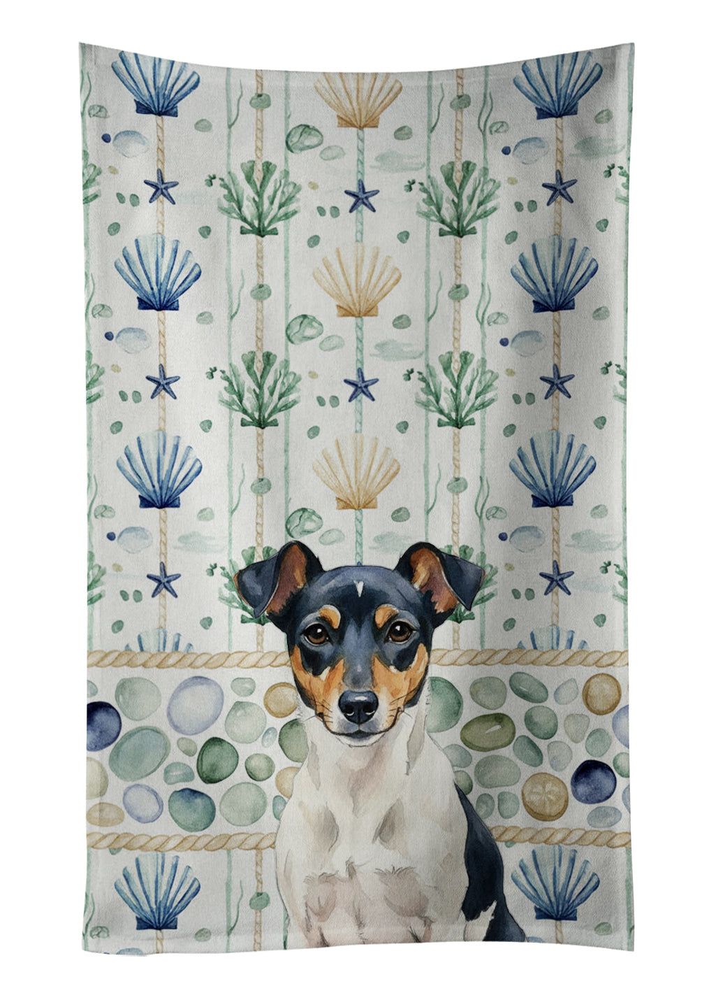 Tricolor Rat Terrier Coastal Sea Glass Kitchen Towel Velour Plush Front and Cotton Loop Back Machine Washable