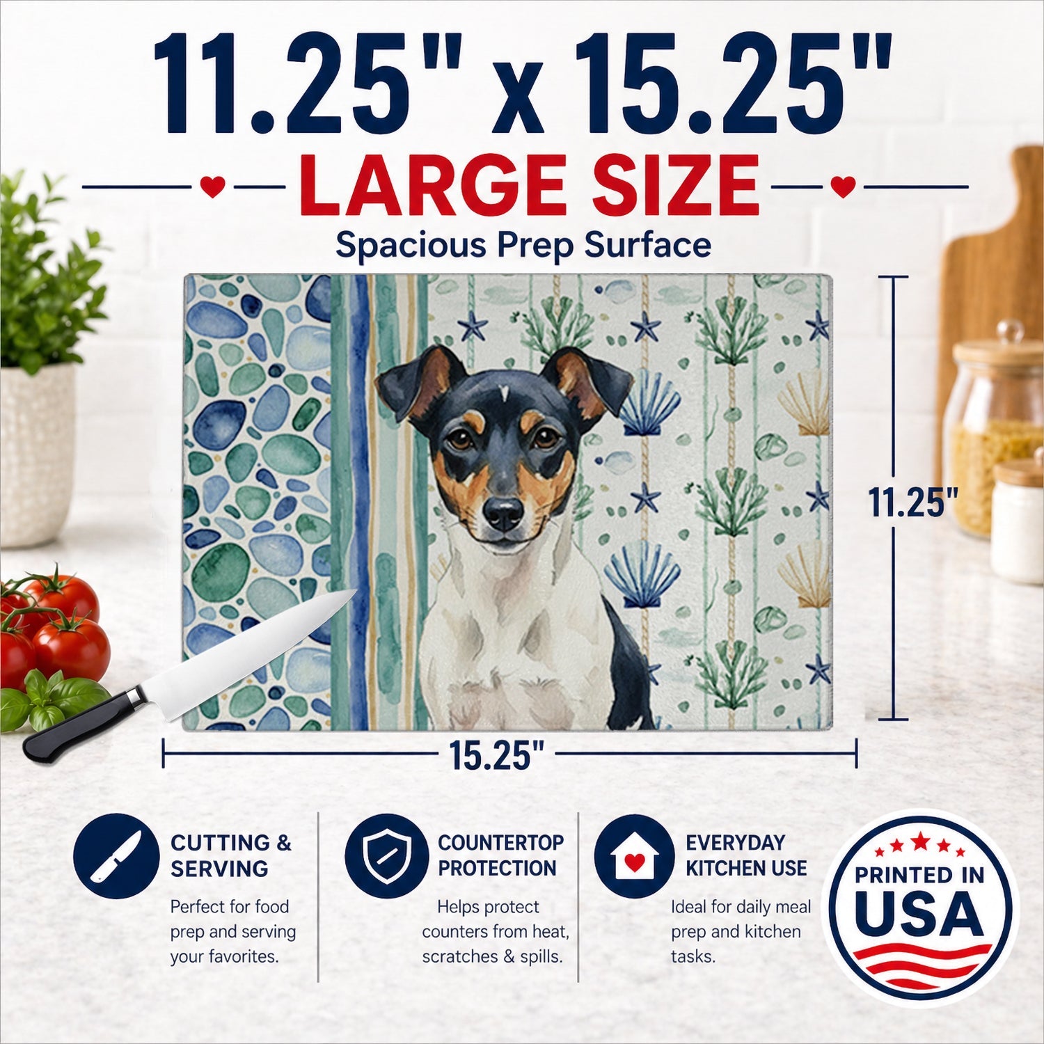 Tricolor Rat Terrier Coastal Sea Glass Cutting Board Tempered Glass Kitchen Cutting Surface, Heat Resistant Chopping, Non-Slip Feet, Food Prep & Serving