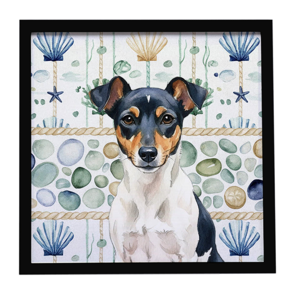 Tricolor Rat Terrier Coastal Sea Glass Framed Metal Print Bathroom, Kitchen, Office, Home Decor Wall Art Ready to Hang, Square, 8X8