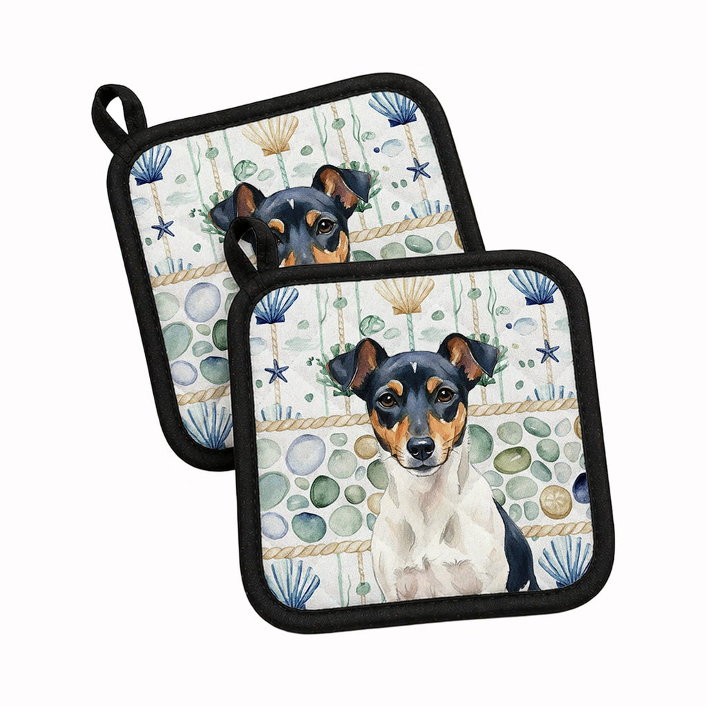 Tricolor Rat Terrier Coastal Sea Glass Pot Holder Set of 2 Heat Resistant Quilted Hot Pads 7.5 x 7.5 Inch, Insulated Kitchen Trivets for Cooking & Baking