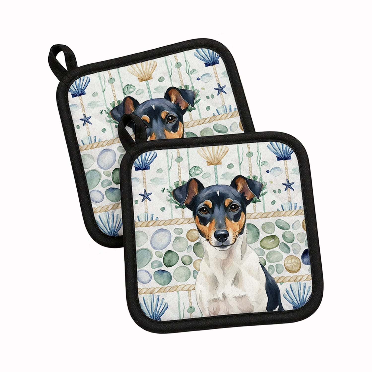 Tricolor Rat Terrier Coastal Sea Glass Pot Holder Set of 2 Heat Resistant Quilted Hot Pads 7.5 x 7.5 Inch, Insulated Kitchen Trivets for Cooking & Baking