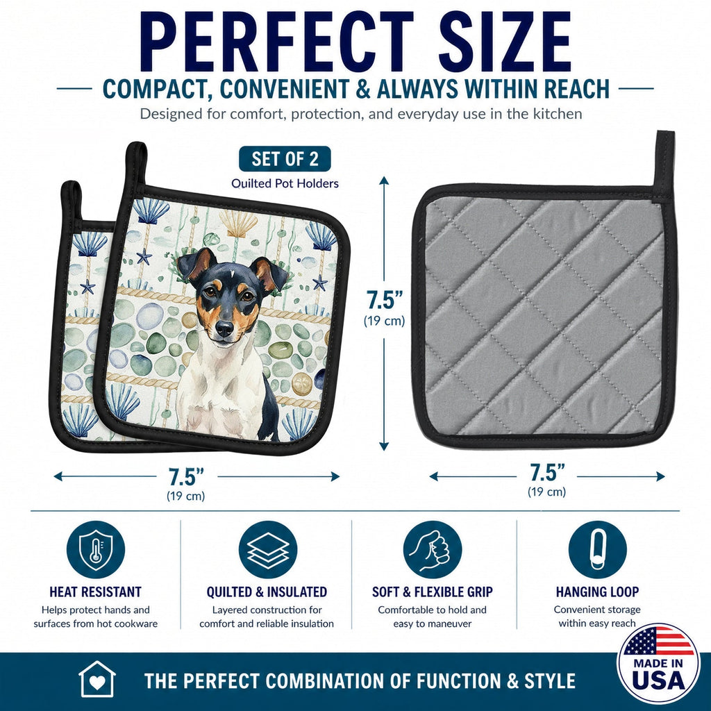 Tricolor Rat Terrier Coastal Sea Glass Pot Holder Set of 2 Heat Resistant Quilted Hot Pads 7.5 x 7.5 Inch, Insulated Kitchen Trivets for Cooking & Baking