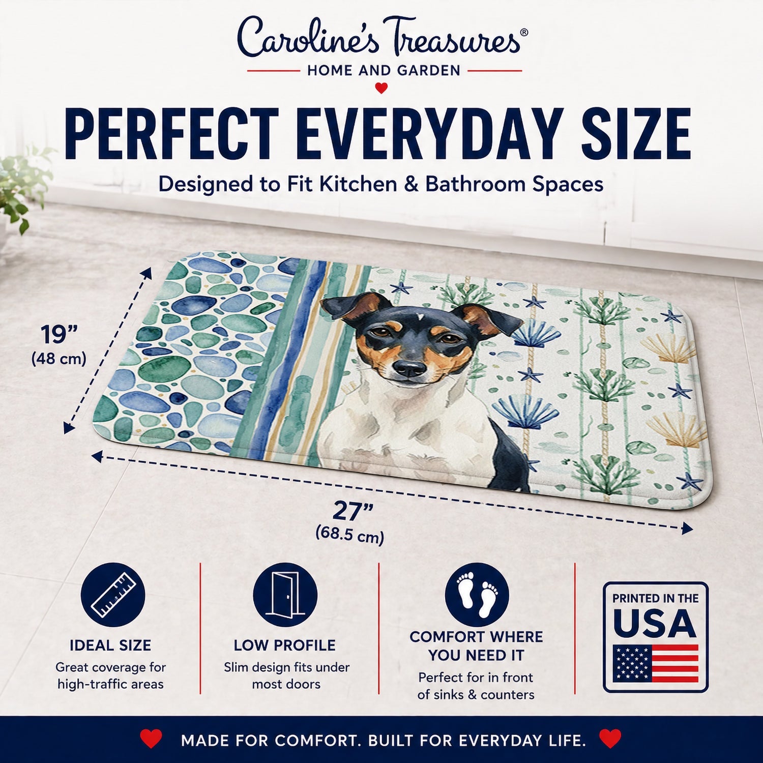 Tricolor Rat Terrier Coastal Sea Glass Memory Foam Kitchen Mat Machine Washable Anti-Fatigue Cushion Comfort Bath or Kitchen Rug