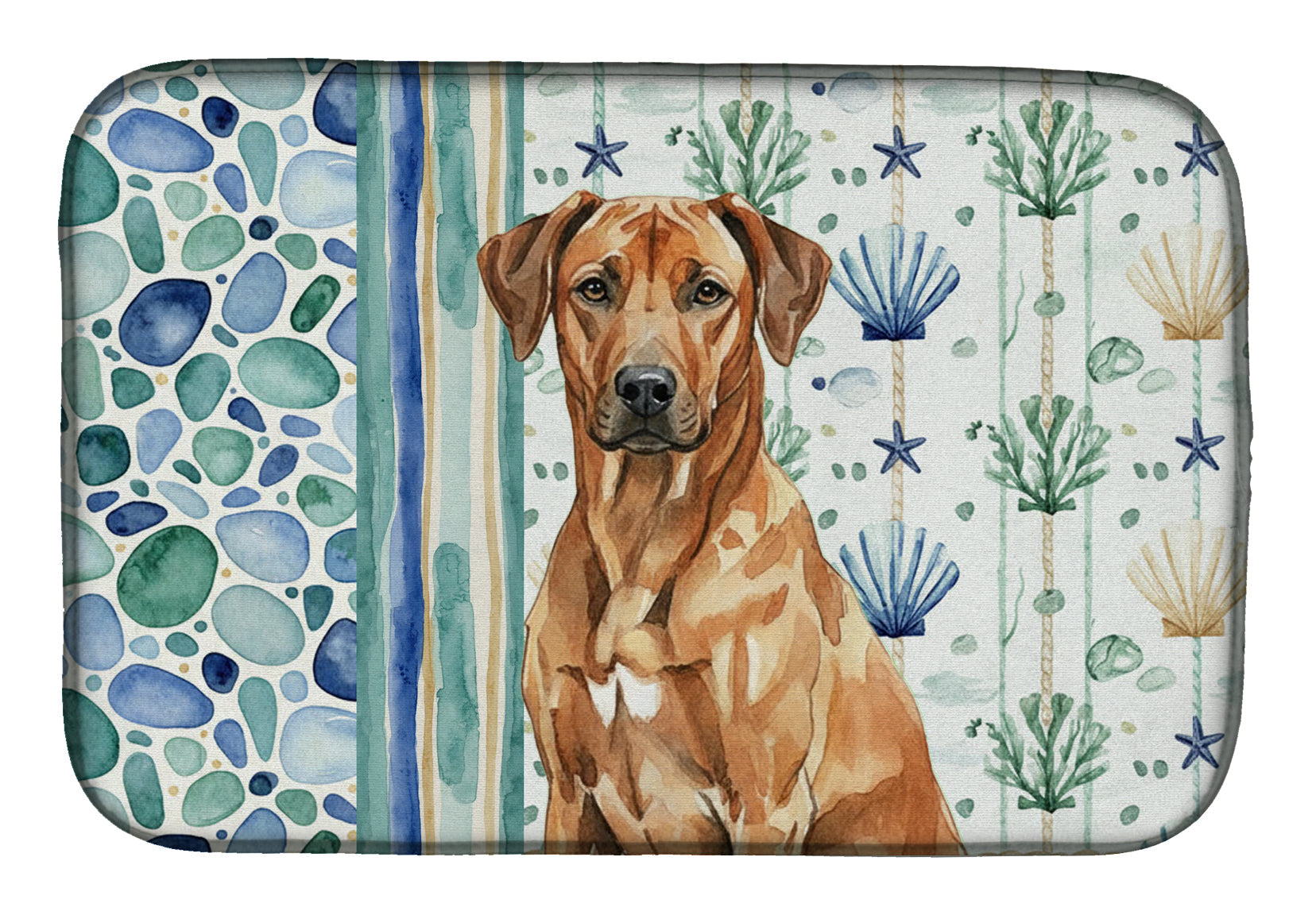 Rhodesian Ridgeback Coastal Sea Glass Dish Drying Mat Absorbent Dish Drying Mat Pad for Kitchen Counter Dish Drainer Mat for Countertop, 14 x 21", Multicolor