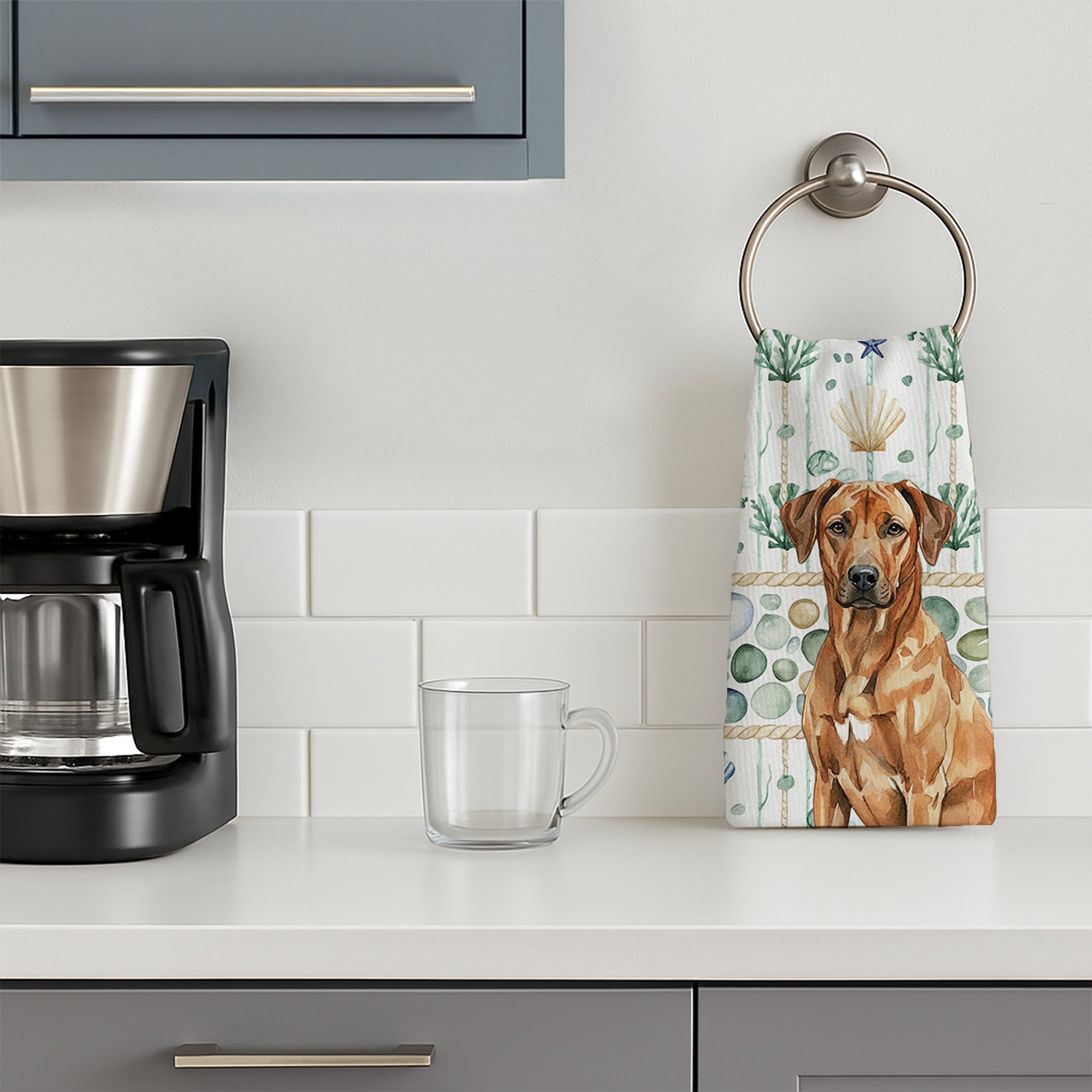 Rhodesian Ridgeback Coastal Sea Glass Kitchen Towel Velour Plush Front and Cotton Loop Back Machine Washable