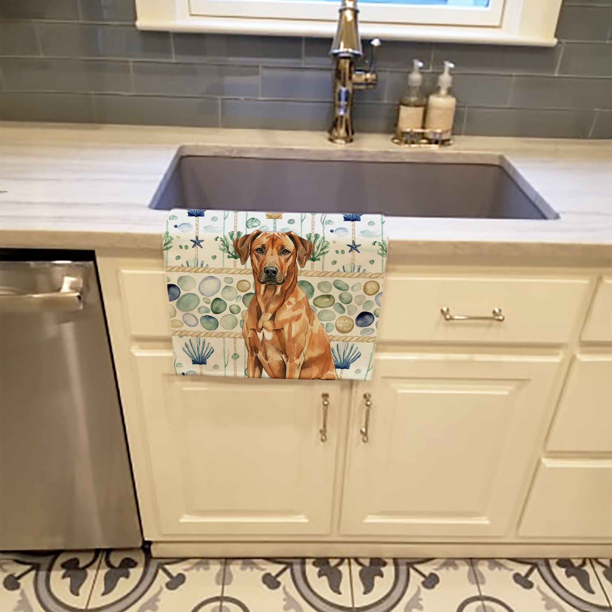 Rhodesian Ridgeback Coastal Sea Glass Kitchen Towel Velour Plush Front and Cotton Loop Back Machine Washable