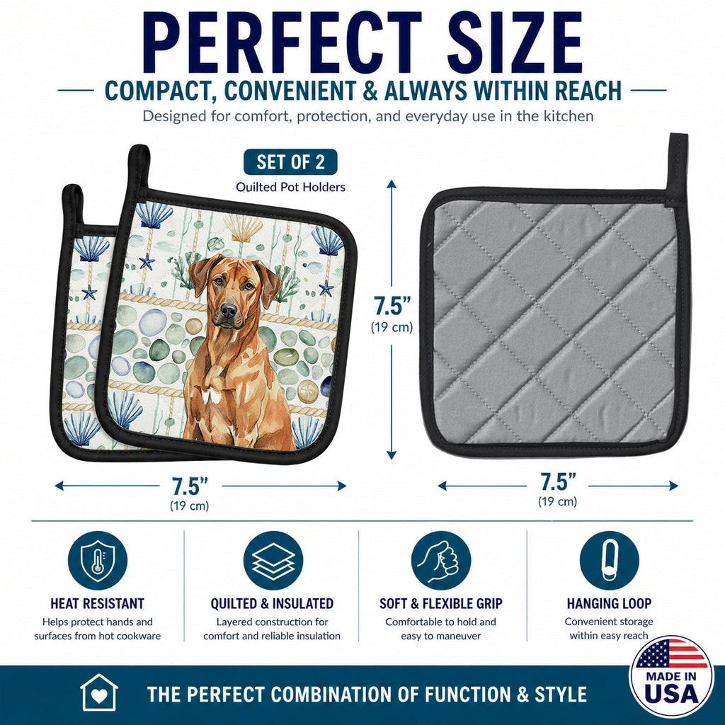Rhodesian Ridgeback Coastal Sea Glass Pot Holder Set of 2 Heat Resistant Quilted Hot Pads 7.5 x 7.5 Inch, Insulated Kitchen Trivets for Cooking & Baking