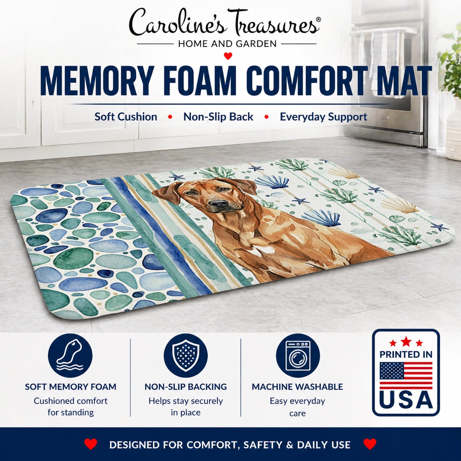 Rhodesian Ridgeback Coastal Sea Glass Memory Foam Kitchen Mat Machine Washable Anti-Fatigue Cushion Comfort Bath or Kitchen Rug