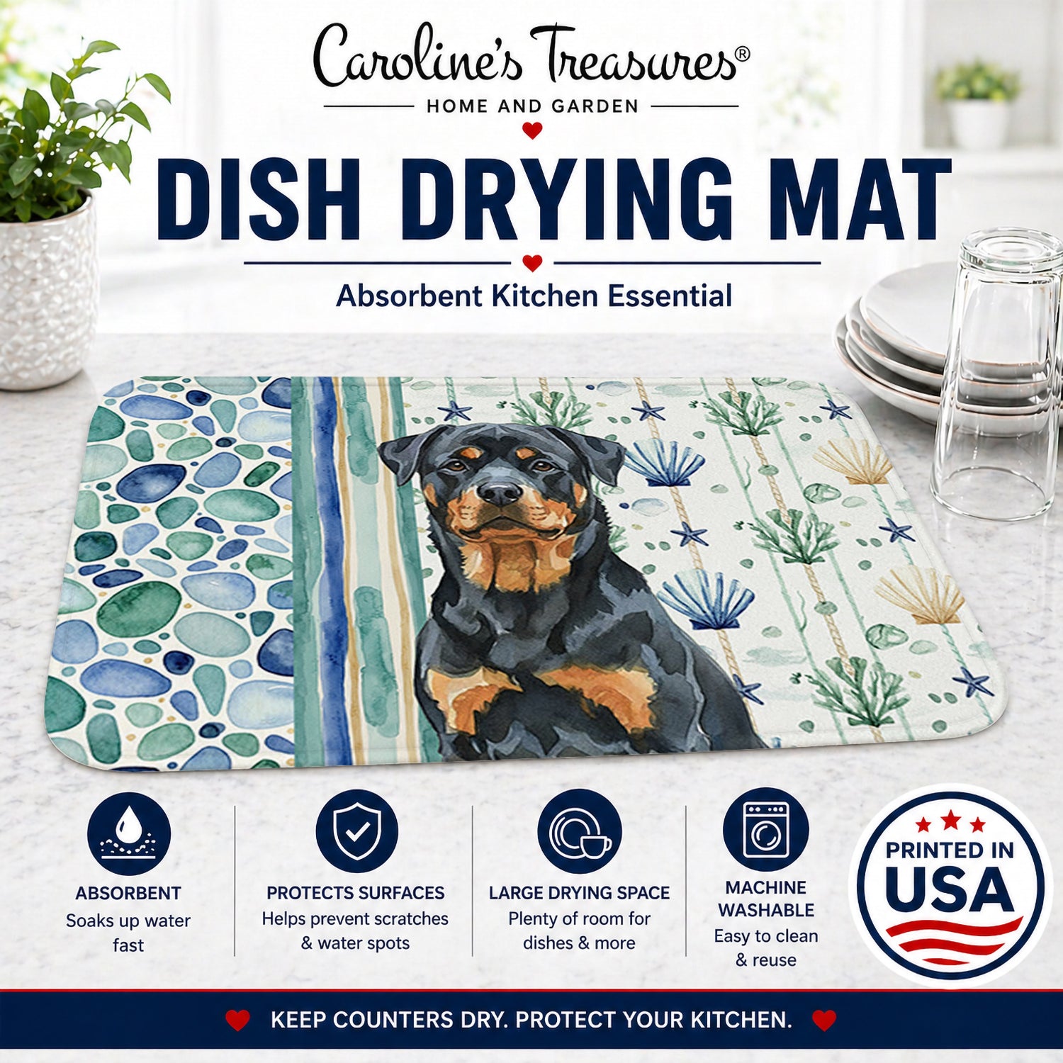 Rottweiler Coastal Sea Glass Dish Drying Mat Absorbent Dish Drying Mat Pad for Kitchen Counter Dish Drainer Mat for Countertop, 14 x 21", Multicolor