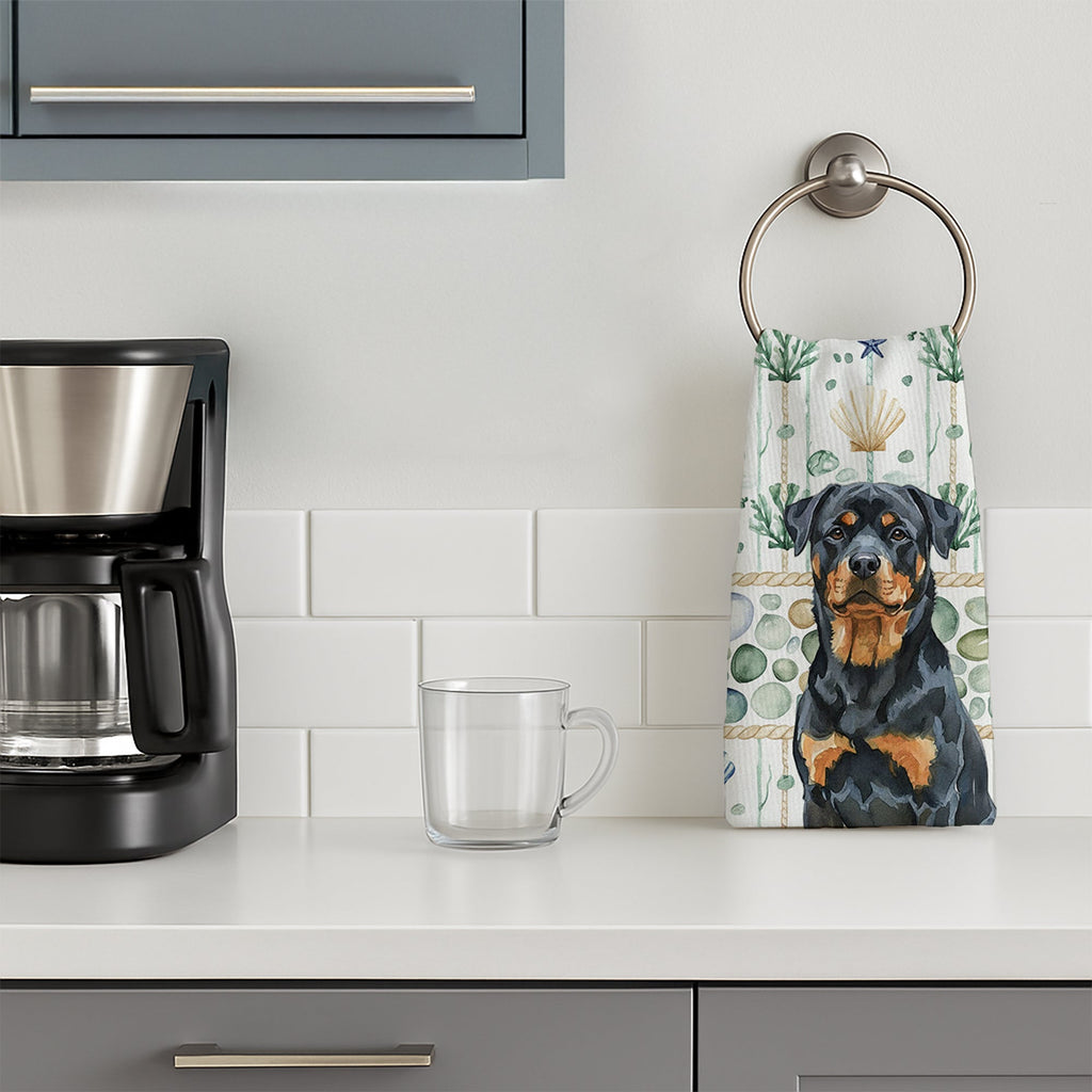 Rottweiler Coastal Sea Glass Kitchen Towel Velour Plush Front and Cotton Loop Back Machine Washable