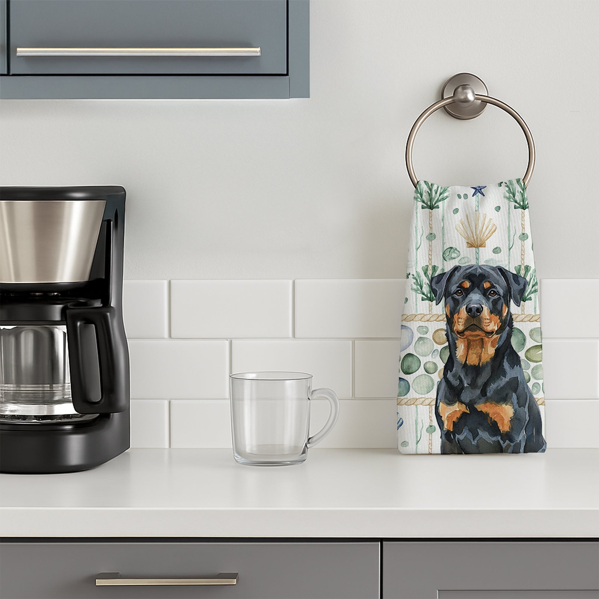 Rottweiler Coastal Sea Glass Kitchen Towel Velour Plush Front and Cotton Loop Back Machine Washable