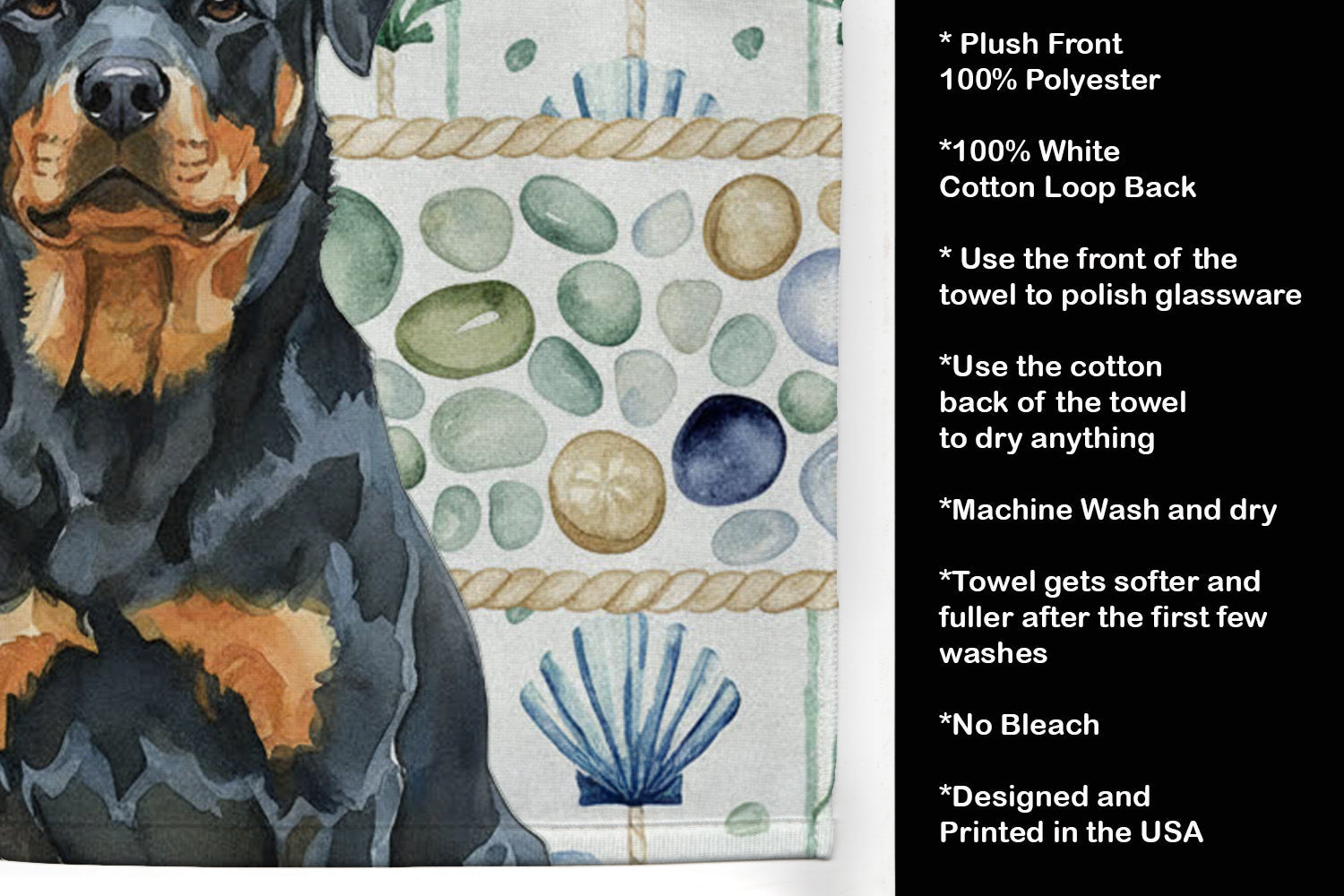 Rottweiler Coastal Sea Glass Kitchen Towel Velour Plush Front and Cotton Loop Back Machine Washable