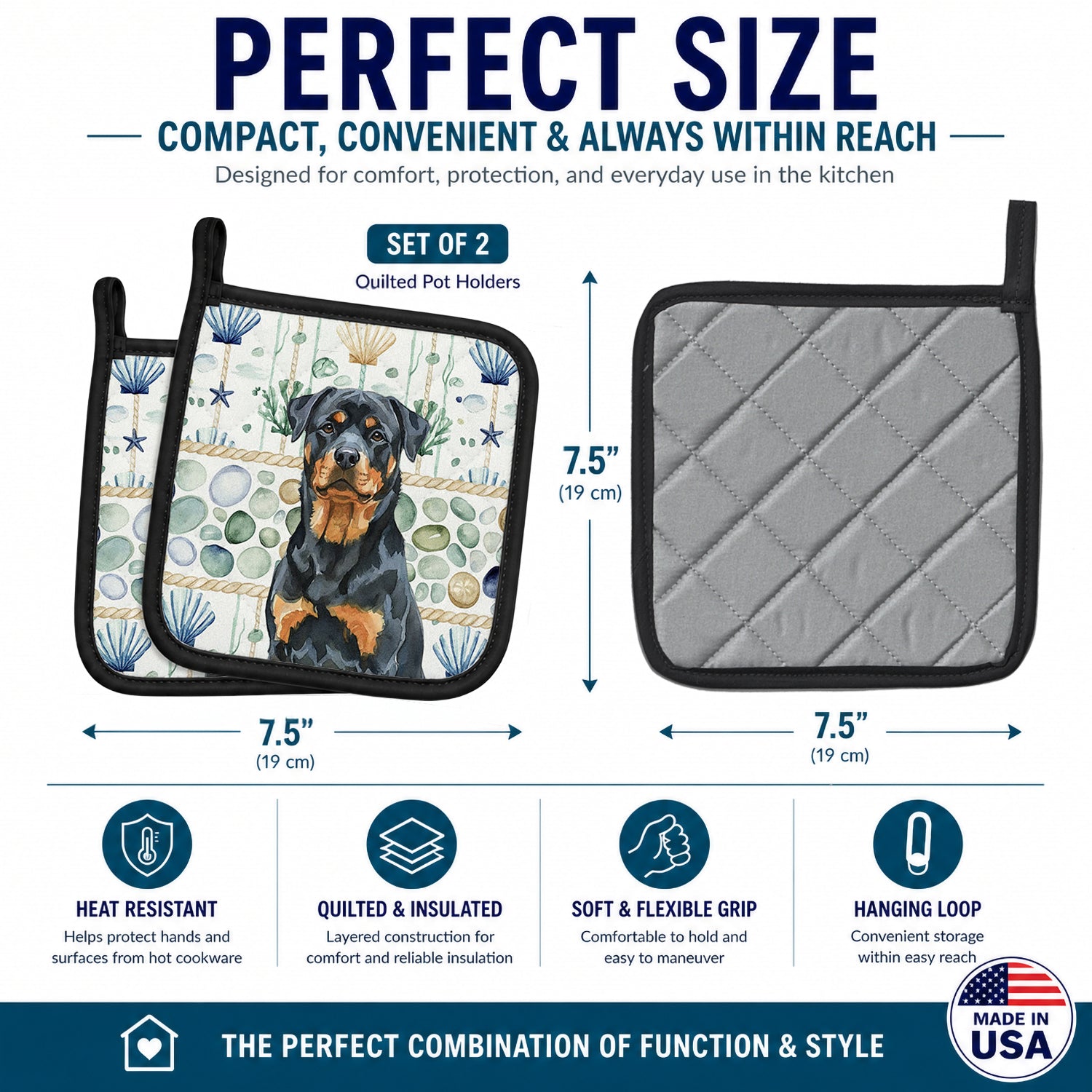 Rottweiler Coastal Sea Glass Pot Holder Set of 2 Heat Resistant Quilted Hot Pads 7.5 x 7.5 Inch, Insulated Kitchen Trivets for Cooking & Baking
