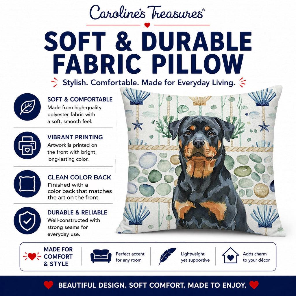 Rottweiler Coastal Sea Glass Decorative Throw Pillow 18x18 Indoor Outdoor Accent Cushion, Fabric Cover with Insert for Sofa, Bed, Porch & Living Room