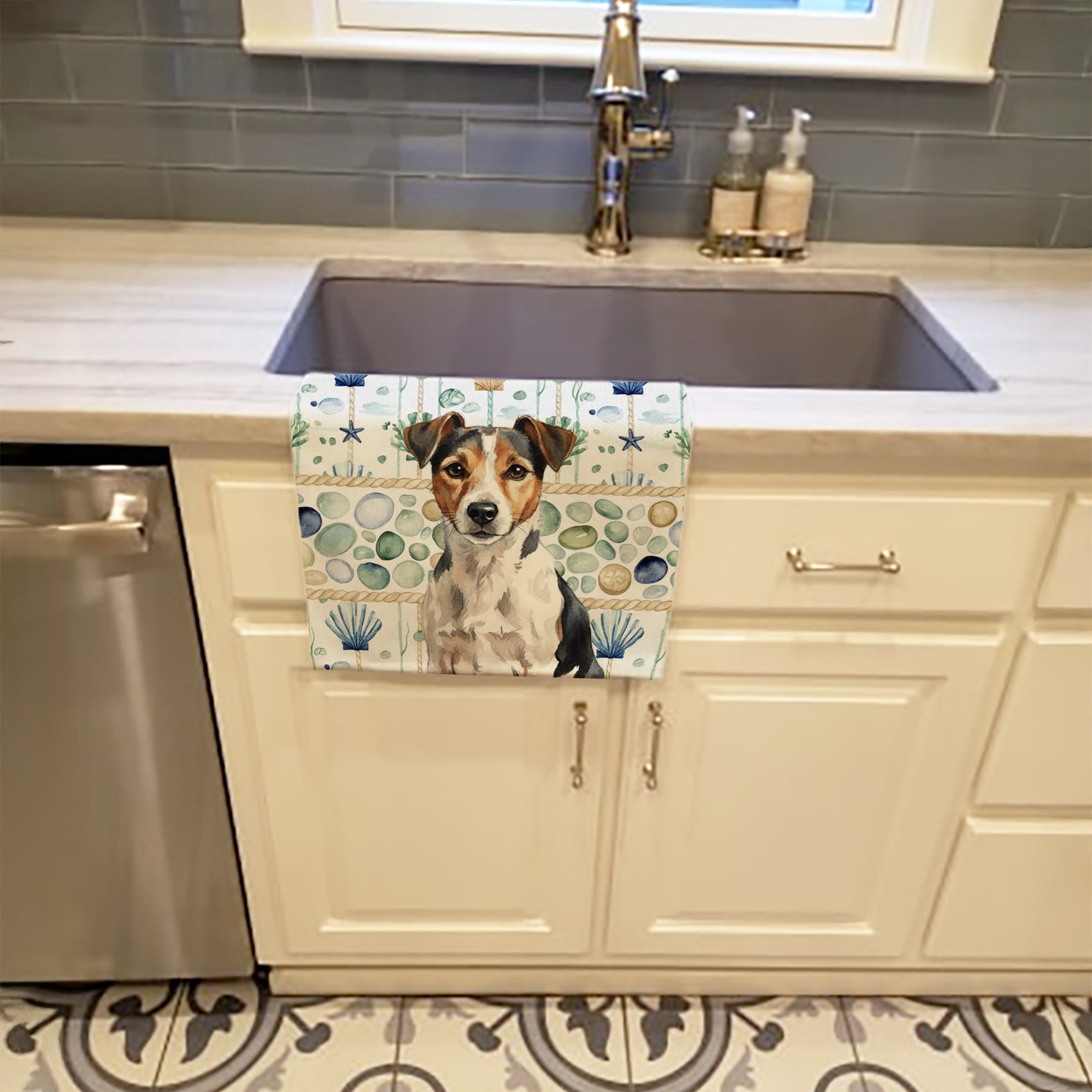 Tricolor Russell Terrier Coastal Sea Glass Kitchen Towel Velour Plush Front and Cotton Loop Back Machine Washable