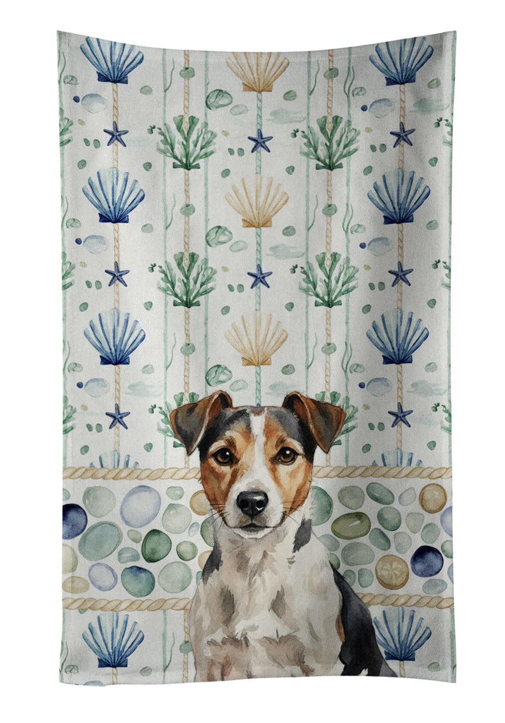 Tricolor Russell Terrier Coastal Sea Glass Kitchen Towel Velour Plush Front and Cotton Loop Back Machine Washable
