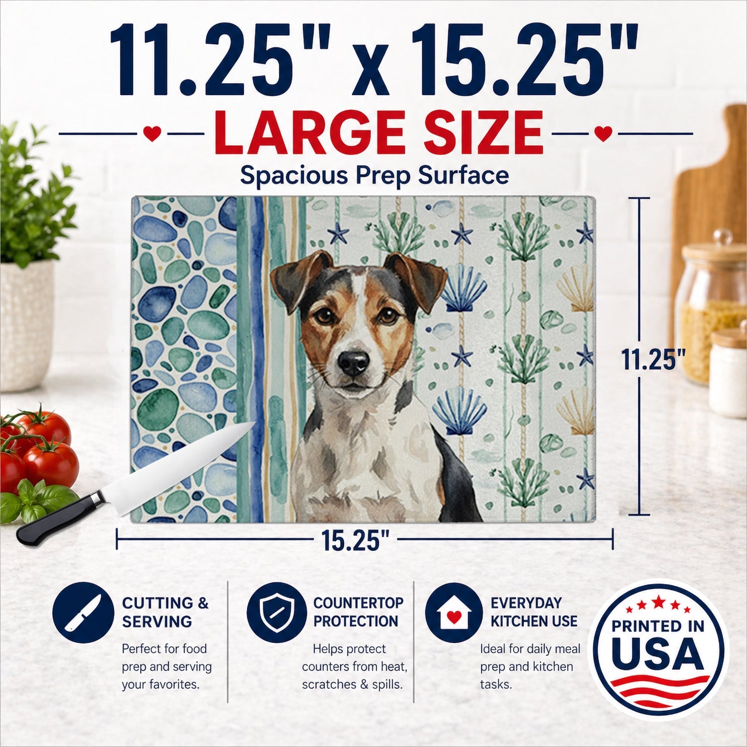 Tricolor Russell Terrier Coastal Sea Glass Cutting Board Tempered Glass Kitchen Cutting Surface, Heat Resistant Chopping, Non-Slip Feet, Food Prep & Serving