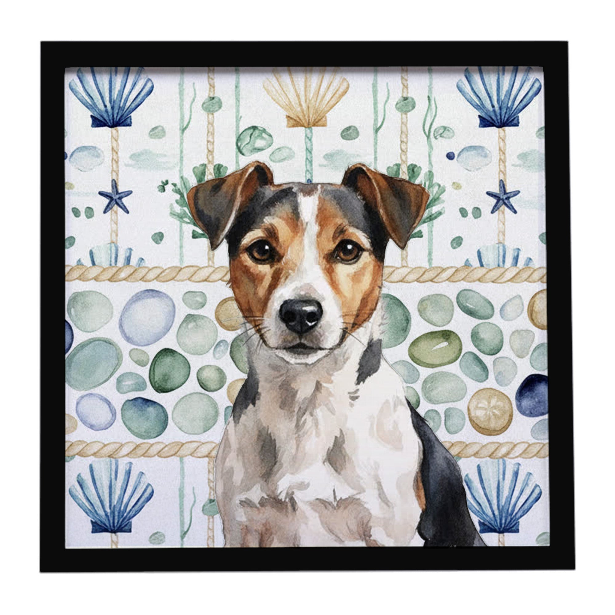 Tricolor Russell Terrier Coastal Sea Glass Framed Metal Print Bathroom, Kitchen, Office, Home Decor Wall Art Ready to Hang, Square, 8X8