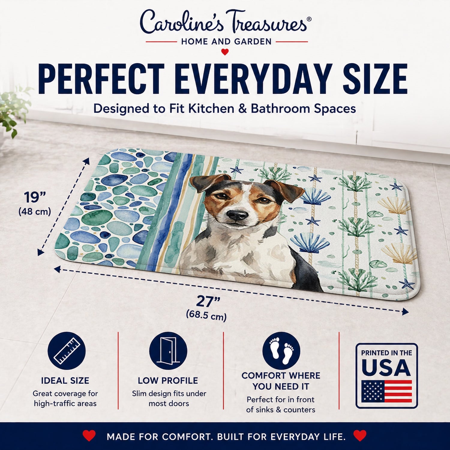 Tricolor Russell Terrier Coastal Sea Glass Memory Foam Kitchen Mat Machine Washable Anti-Fatigue Cushion Comfort Bath or Kitchen Rug