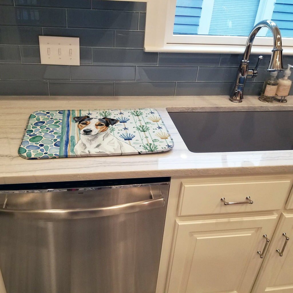 White with Black Markings Russell Terrier Coastal Sea Glass Dish Drying Mat Absorbent Dish Drying Mat Pad for Kitchen Counter Dish Drainer Mat for Countertop, 14 x 21", Multicolor
