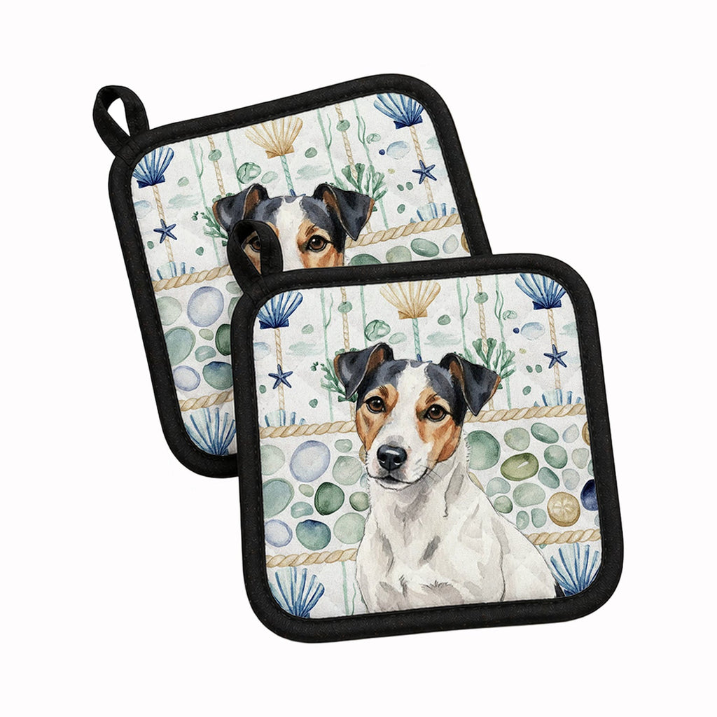 White with Black Markings Russell Terrier Coastal Sea Glass Pot Holder Set of 2 Heat Resistant Quilted Hot Pads 7.5 x 7.5 Inch, Insulated Kitchen Trivets for Cooking & Baking