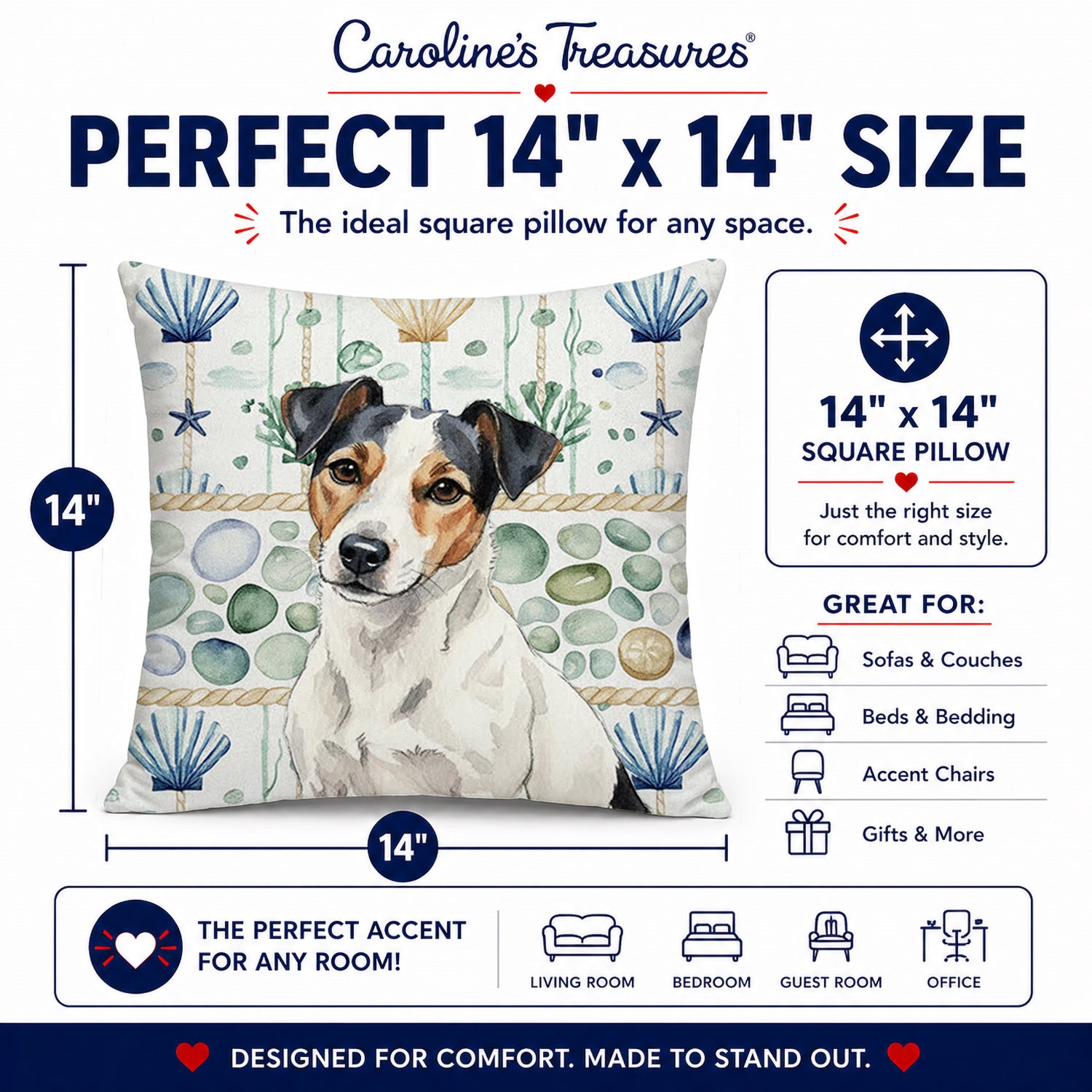 White with Black Markings Russell Terrier Coastal Sea Glass Decorative Throw Pillow 14x14 Indoor Outdoor Accent Cushion, Fabric Cover with Insert for Sofa, Bed, Porch & Living Room