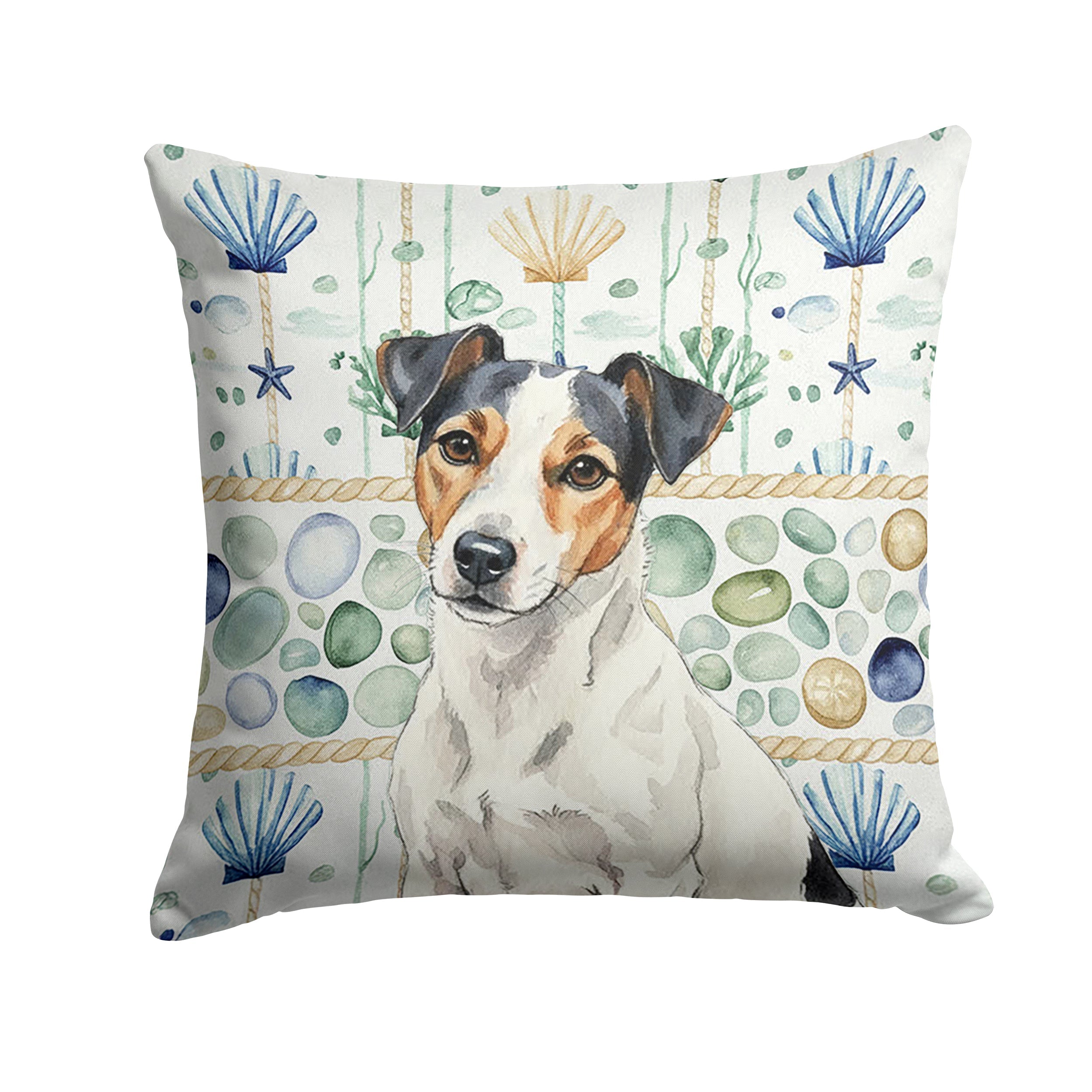 White with Black Markings Russell Terrier Coastal Sea Glass Decorative Throw Pillow 14x14 Indoor Outdoor Accent Cushion, Fabric Cover with Insert for Sofa, Bed, Porch & Living Room