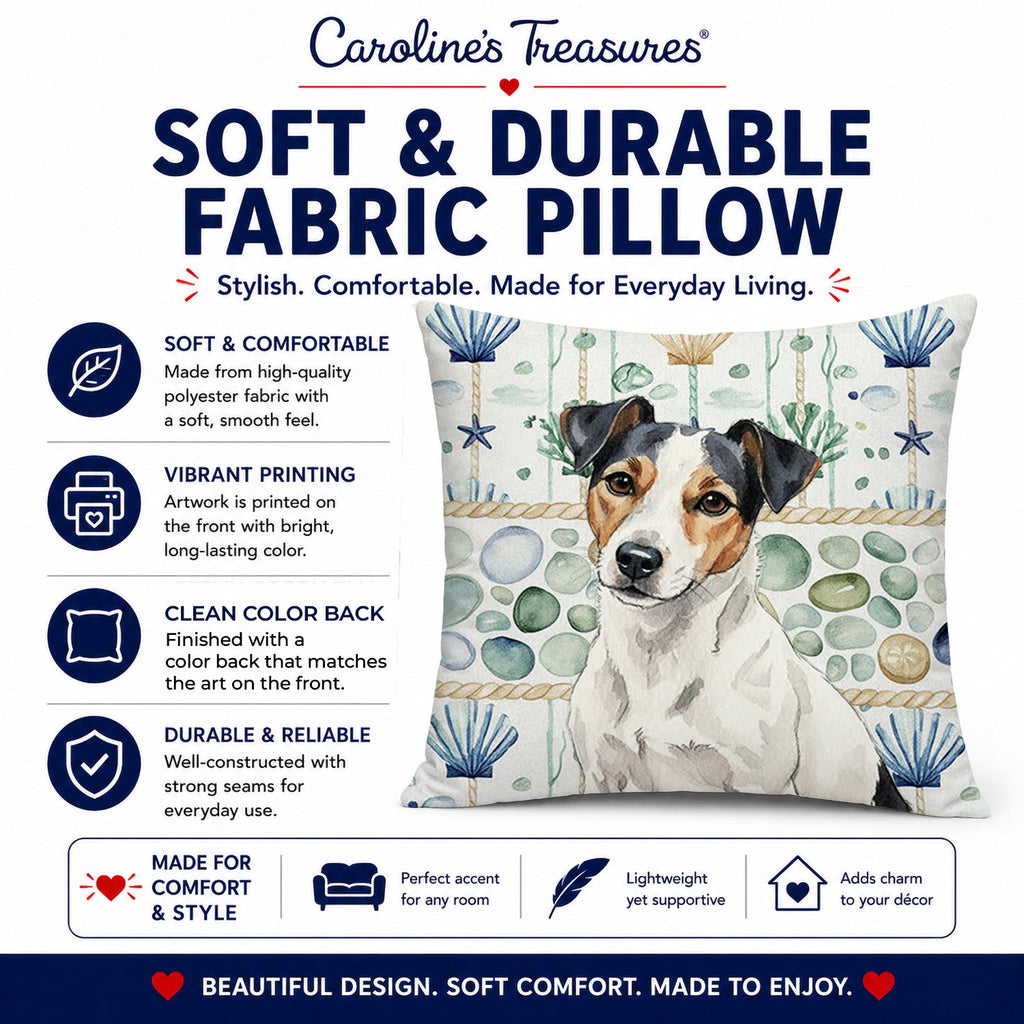 White with Black Markings Russell Terrier Coastal Sea Glass Decorative Throw Pillow 18x18 Indoor Outdoor Accent Cushion, Fabric Cover with Insert for Sofa, Bed, Porch & Living Room