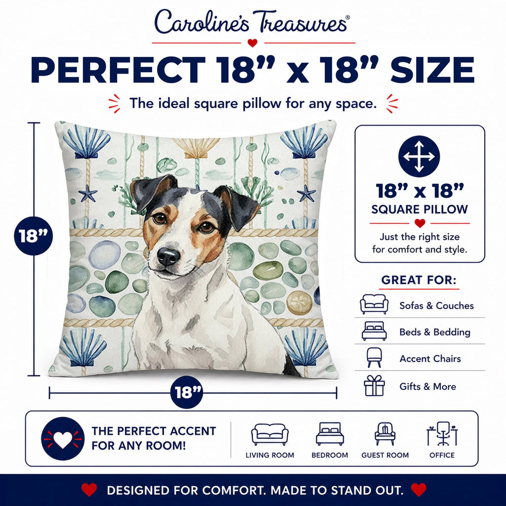 White with Black Markings Russell Terrier Coastal Sea Glass Decorative Throw Pillow 18x18 Indoor Outdoor Accent Cushion, Fabric Cover with Insert for Sofa, Bed, Porch & Living Room