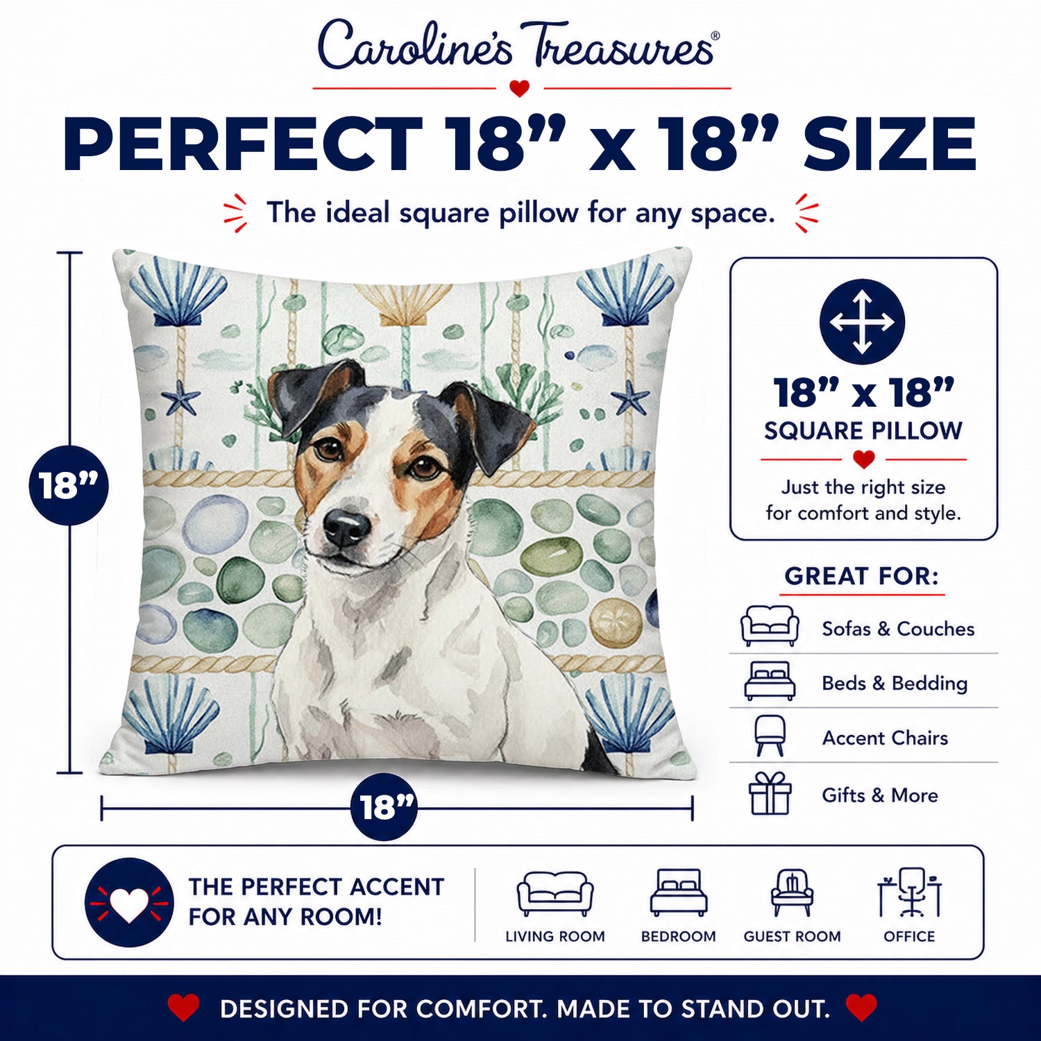 White with Black Markings Russell Terrier Coastal Sea Glass Decorative Throw Pillow 18x18 Indoor Outdoor Accent Cushion, Fabric Cover with Insert for Sofa, Bed, Porch & Living Room