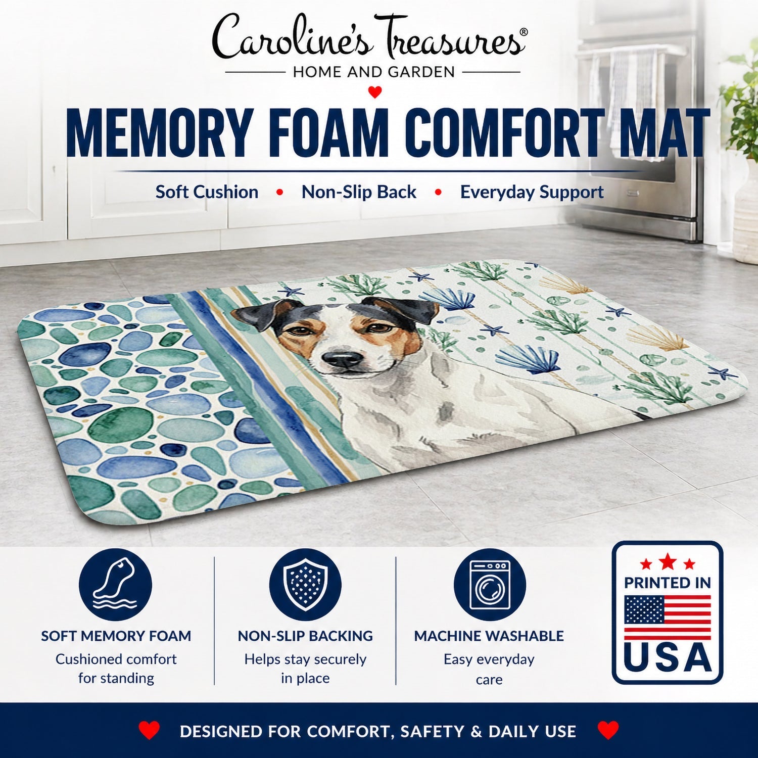 White with Black Markings Russell Terrier Coastal Sea Glass Memory Foam Kitchen Mat Machine Washable Anti-Fatigue Cushion Comfort Bath or Kitchen Rug