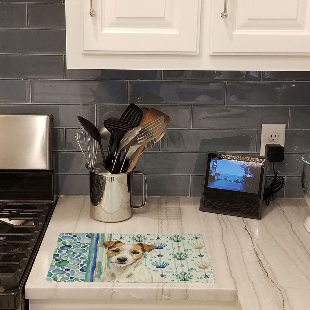 White with Tan Markings Russell Terrier Coastal Sea Glass Cutting Board Tempered Glass Kitchen Cutting Surface, Heat Resistant Chopping, Non-Slip Feet, Food Prep & Serving