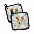 White with Tan Markings Russell Terrier Coastal Sea Glass Pot Holder Set of 2 Heat Resistant Quilted Hot Pads 7.5 x 7.5 Inch, Insulated Kitchen Trivets for Cooking & Baking