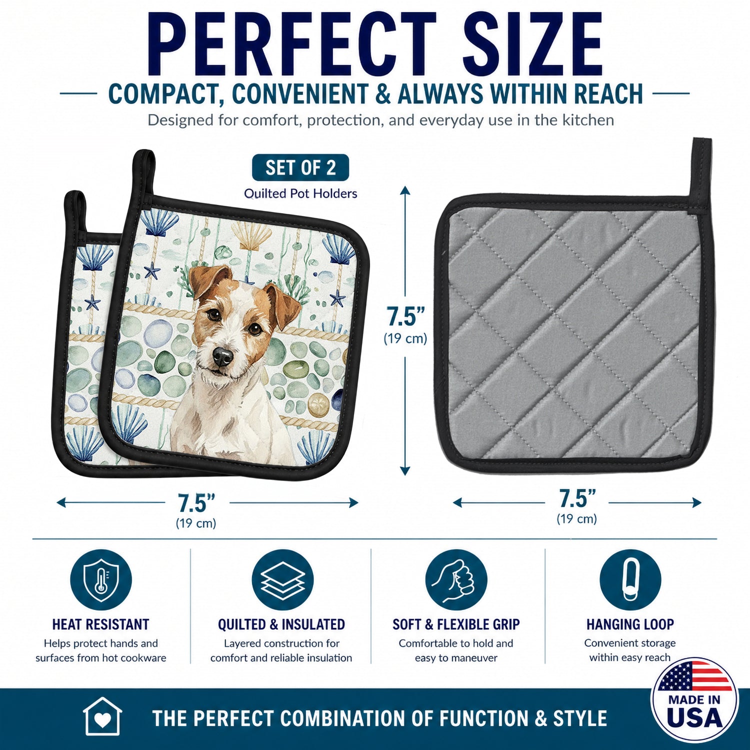 White with Tan Markings Russell Terrier Coastal Sea Glass Pot Holder Set of 2 Heat Resistant Quilted Hot Pads 7.5 x 7.5 Inch, Insulated Kitchen Trivets for Cooking & Baking