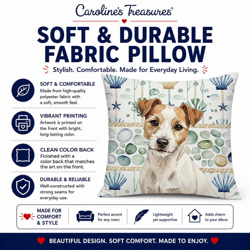 White with Tan Markings Russell Terrier Coastal Sea Glass Decorative Throw Pillow 18x18 Indoor Outdoor Accent Cushion, Fabric Cover with Insert for Sofa, Bed, Porch & Living Room