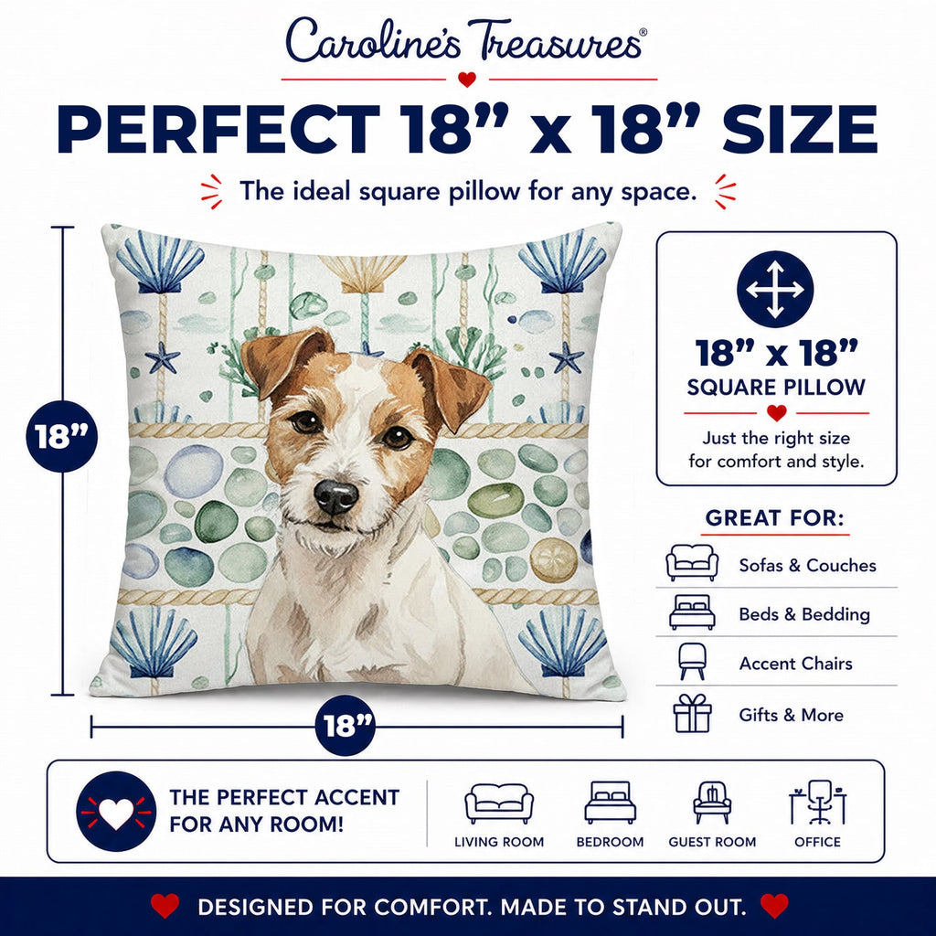 White with Tan Markings Russell Terrier Coastal Sea Glass Decorative Throw Pillow 18x18 Indoor Outdoor Accent Cushion, Fabric Cover with Insert for Sofa, Bed, Porch & Living Room