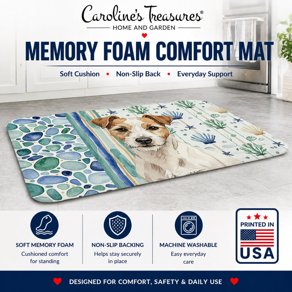 White with Tan Markings Russell Terrier Coastal Sea Glass Memory Foam Kitchen Mat Machine Washable Anti-Fatigue Cushion Comfort Bath or Kitchen Rug