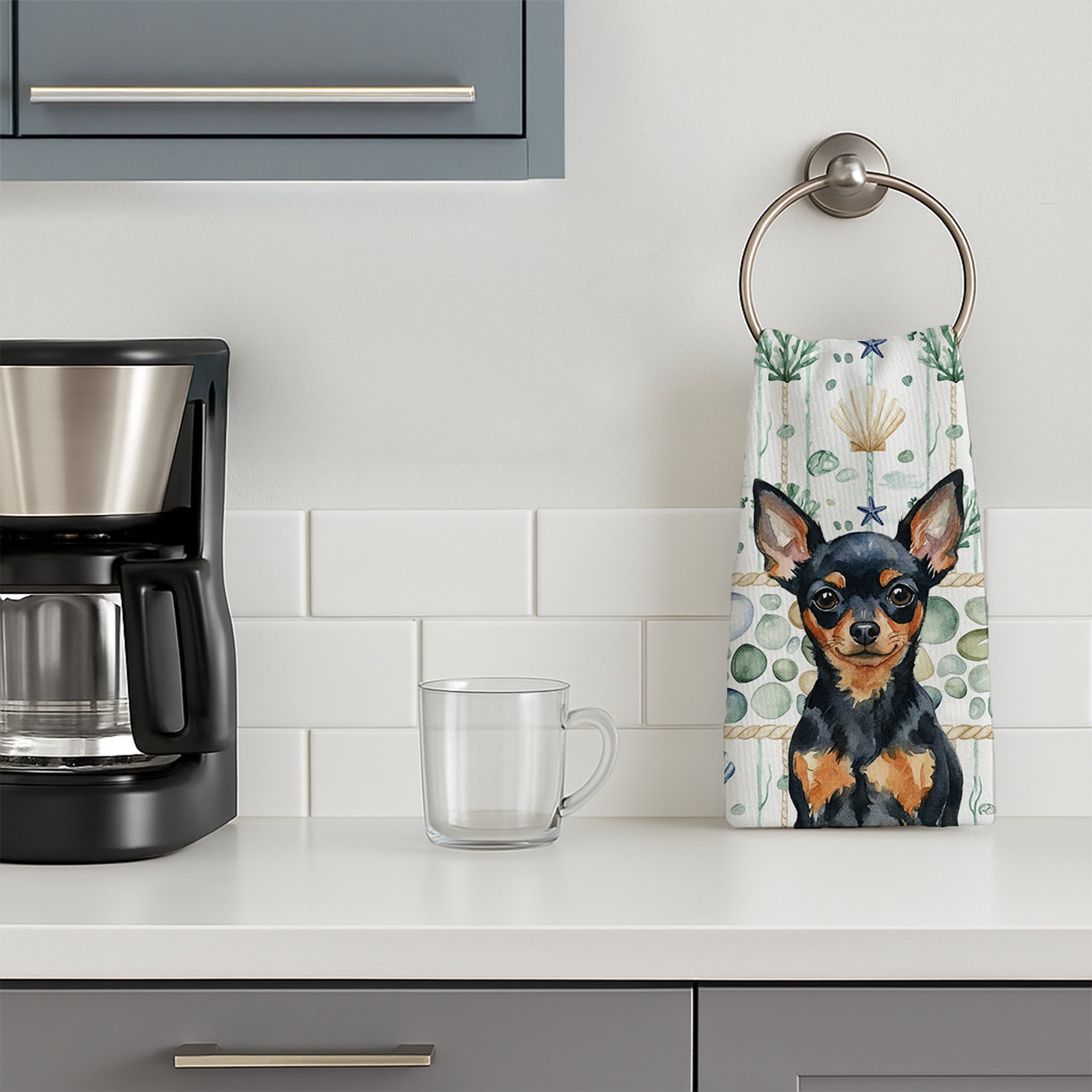 Black and Tan Russian Toy Coastal Sea Glass Kitchen Towel Velour Plush Front and Cotton Loop Back Machine Washable