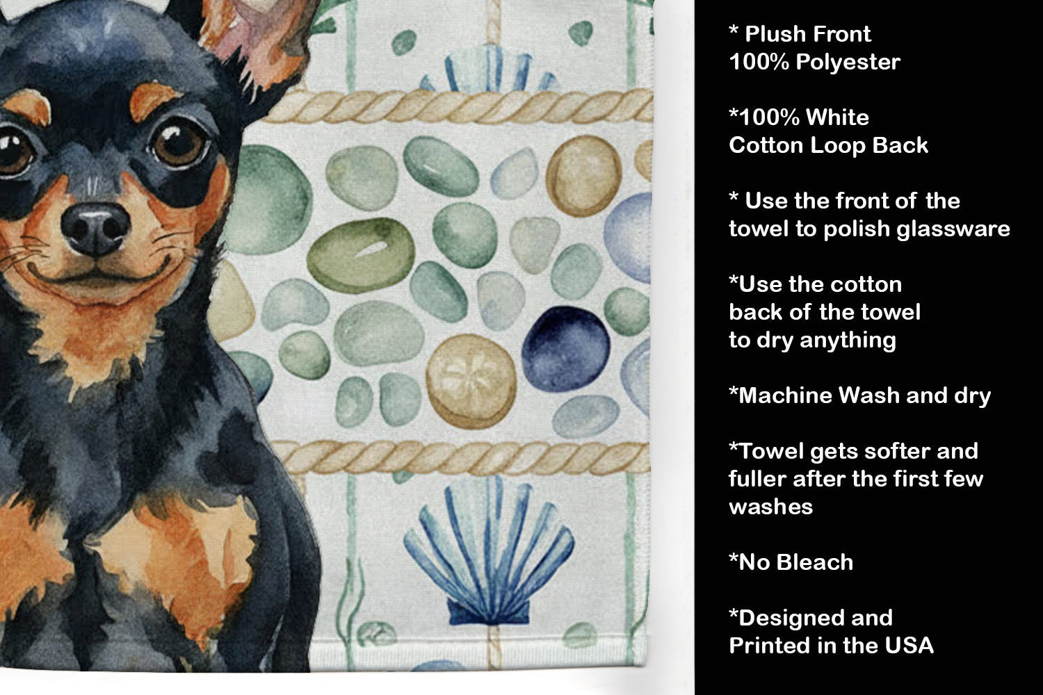 Black and Tan Russian Toy Coastal Sea Glass Kitchen Towel Velour Plush Front and Cotton Loop Back Machine Washable