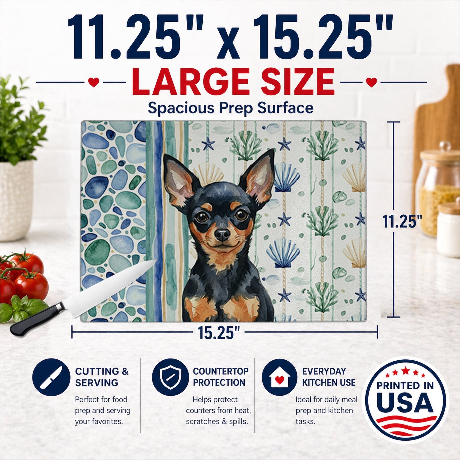 Black and Tan Russian Toy Coastal Sea Glass Cutting Board Tempered Glass Kitchen Cutting Surface, Heat Resistant Chopping, Non-Slip Feet, Food Prep & Serving