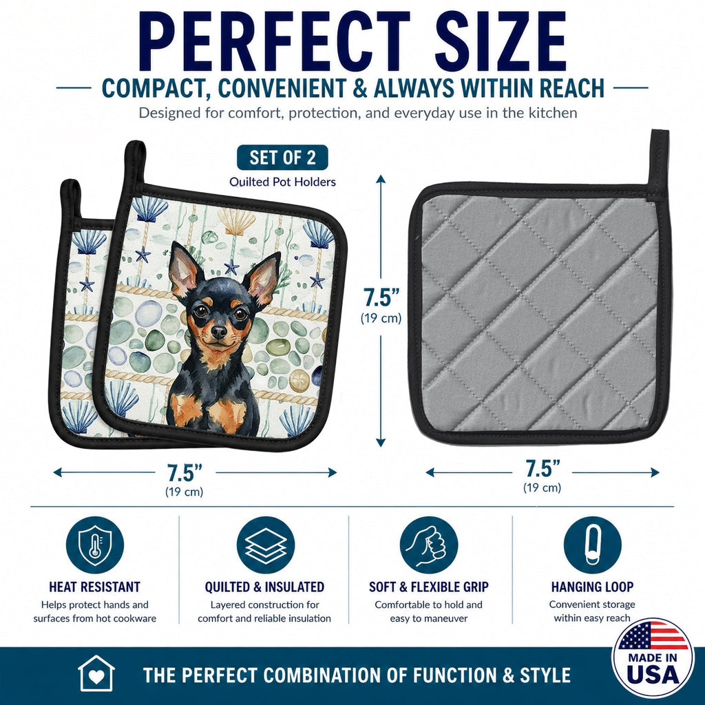 Black and Tan Russian Toy Coastal Sea Glass Pot Holder Set of 2 Heat Resistant Quilted Hot Pads 7.5 x 7.5 Inch, Insulated Kitchen Trivets for Cooking & Baking
