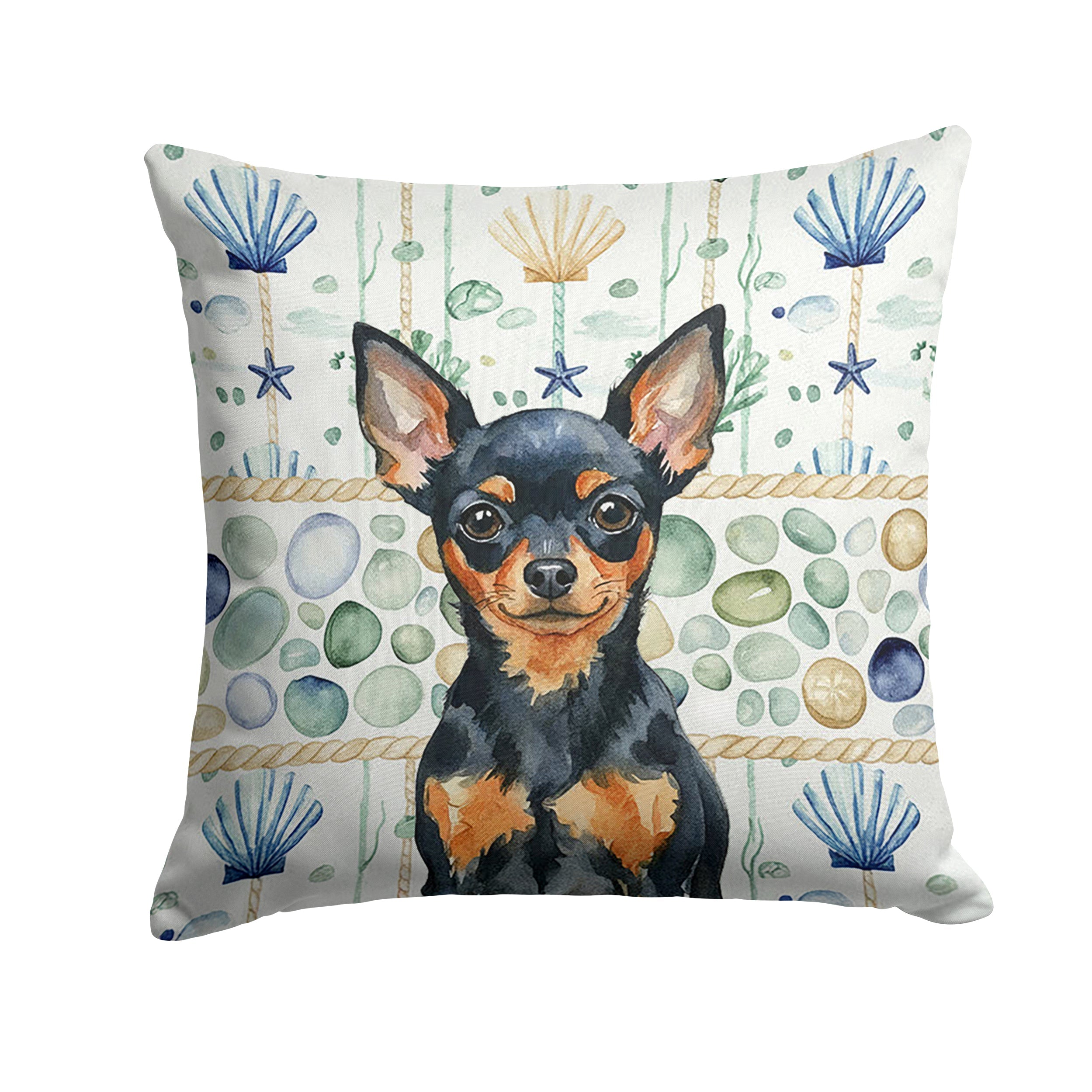 Black and Tan Russian Toy Coastal Sea Glass Decorative Throw Pillow 18x18 Indoor Outdoor Accent Cushion, Fabric Cover with Insert for Sofa, Bed, Porch & Living Room