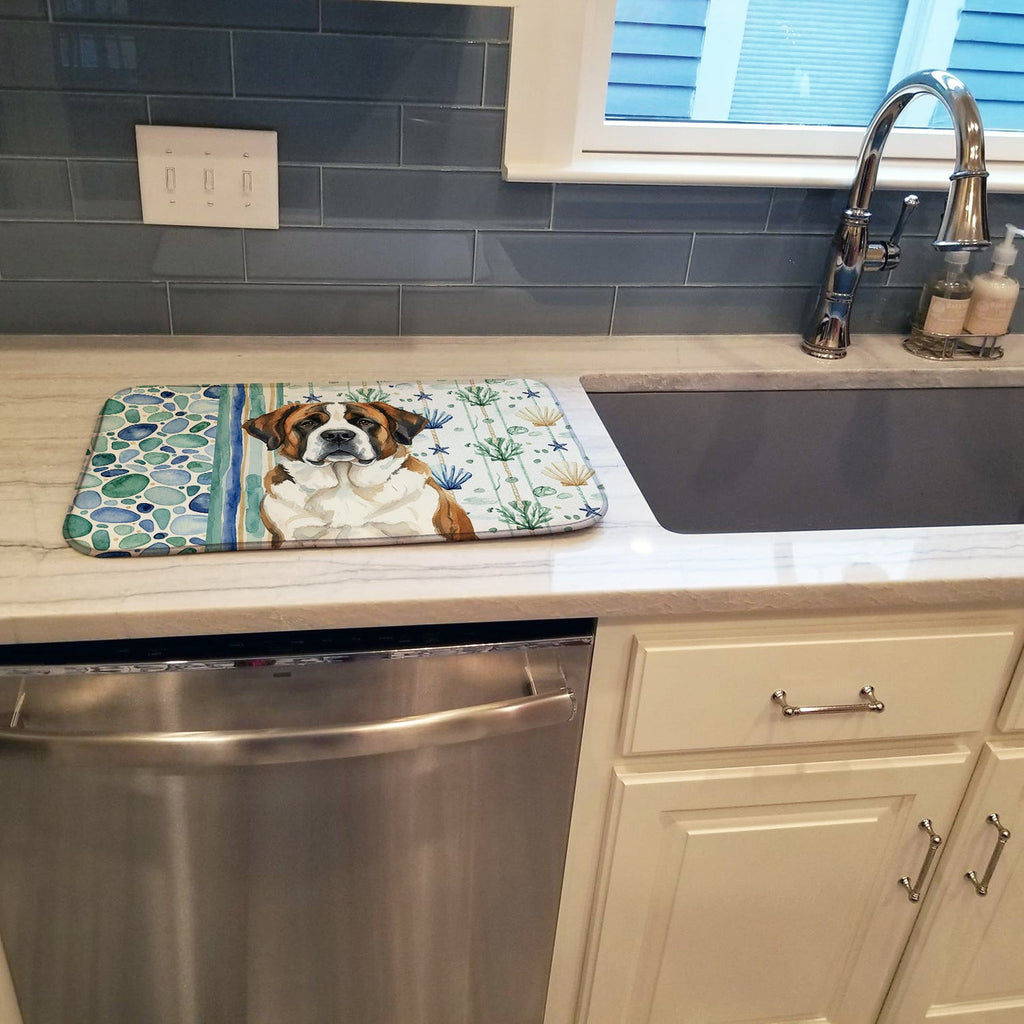 Brindle and White Saint Bernard Coastal Sea Glass Dish Drying Mat Absorbent Dish Drying Mat Pad for Kitchen Counter Dish Drainer Mat for Countertop, 14 x 21", Multicolor